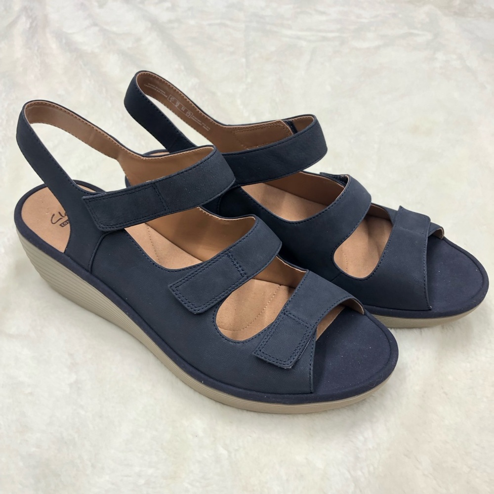Clarks Reedly 12 wide Juno Blue Comfort wedge Sandals platform leather